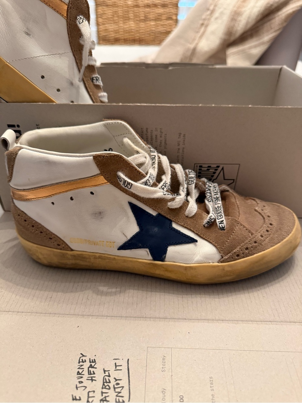 Golden Goose Mid-star Sneakers with Navy Star - White, Brown Suade